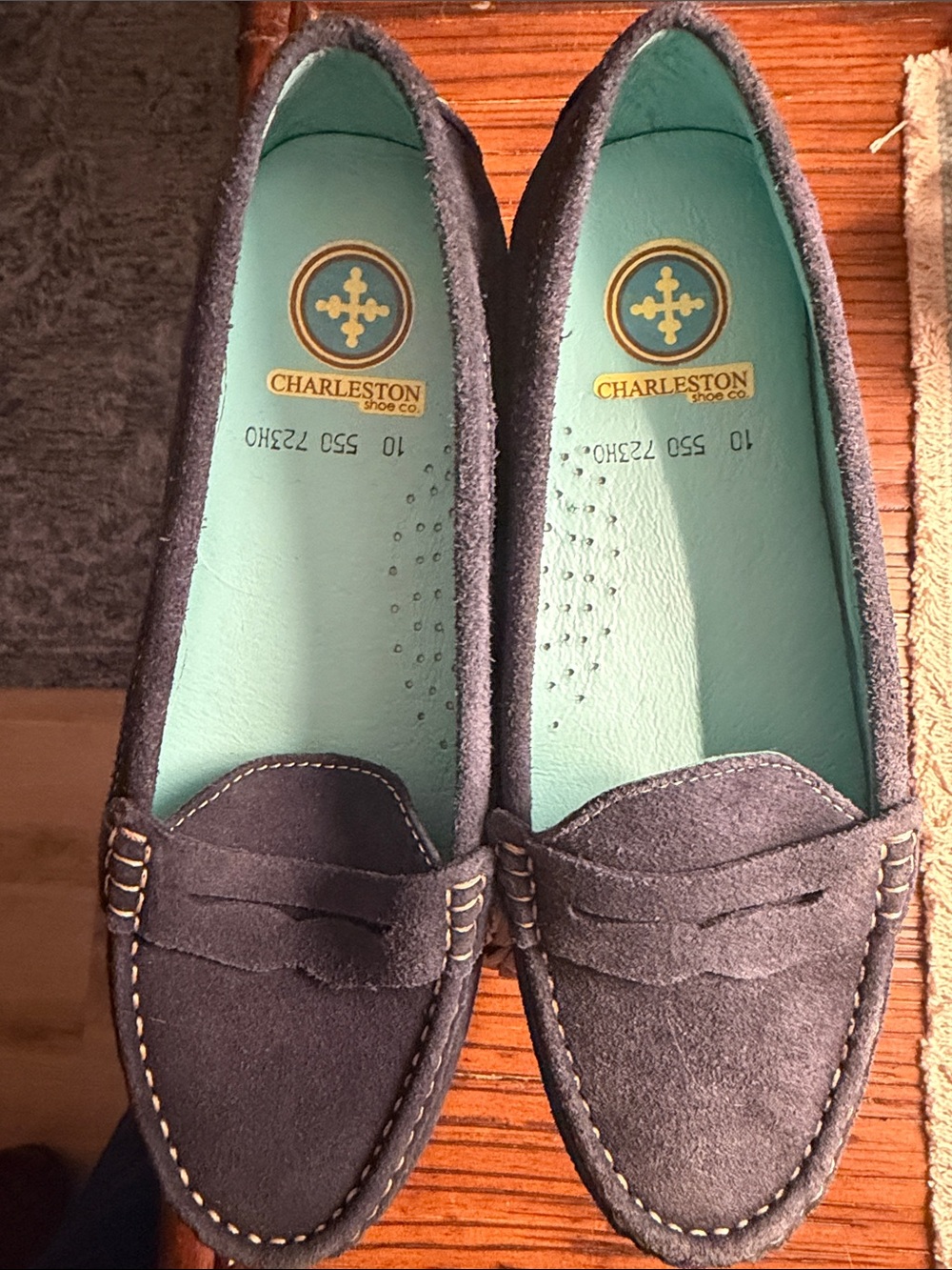 CHARLESTON SHOE CO. Blue Suede Penny Loafers with Teal Insole